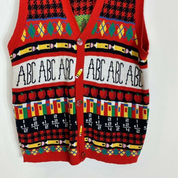 Vintage 1994 The Eagles Eye Sweater Red Teachers Cardigan Vest Hand knitted - Picture 3 of 8
